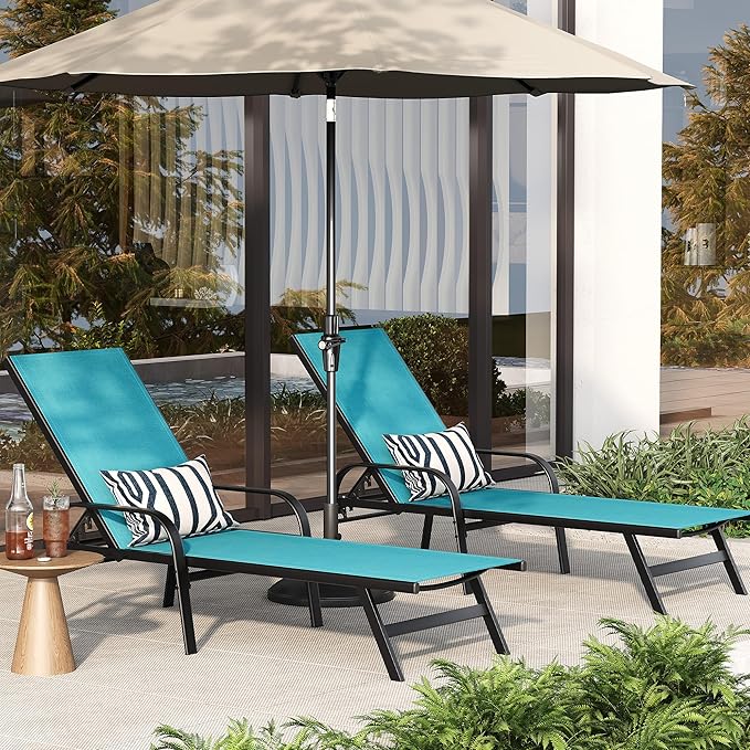 Outdoor Lounge Chair, Adjustable Patio Reclining Chaise with Textilene Fabric, Pool Lounge Chair with 5-Position Backrest for Patio, Garden, Poolside & Balcony,Sky Blue Set of8