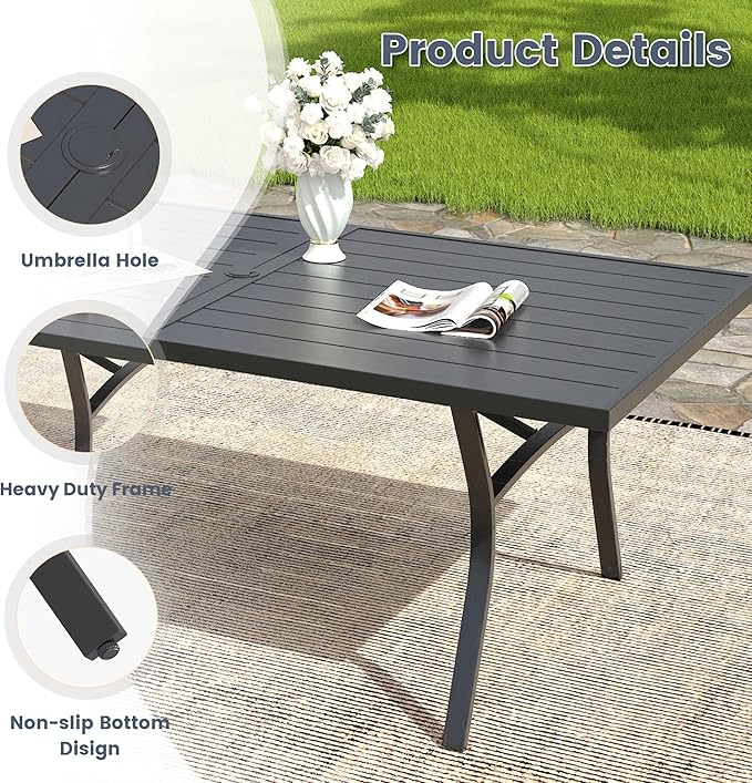 VICLLAX 63" Patio Dining Table for 6, Outdoor Rectangular Metal Table with Umbrella Hole for Porch Backyard Garden Deck - Photo 5
