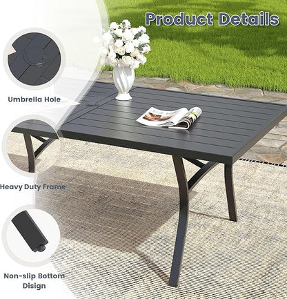 VICLLAX 63" Patio Dining Table for 6, Outdoor Rectangular Metal Table with Umbrella Hole for Porch Backyard Garden Deck, Black