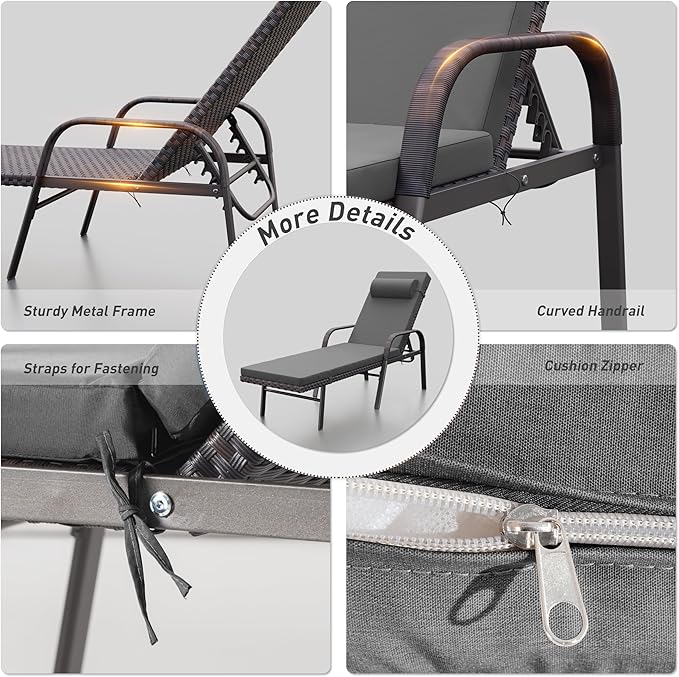 ALAULM 3 Pieces Outdoor Chaise Lounge Set Rattan Wicker Adjustable Pool Lounge Chair w/Folding Table,Patio Armrest Recliner for Beach, Poolside,Black
