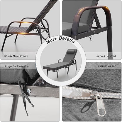 ALAULM 3 Pieces Outdoor Chaise Lounge Set Rattan Wicker Adjustable Pool Lounge Chair w/Folding Table,Patio Armrest Recliner for Beach, Poolside,Black
