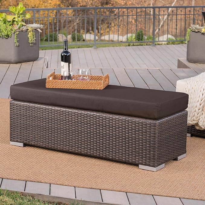Christopher Knight Home Kiin Durable Resin Wicker Outdoor Bench with Comfy Removable Cushion, Rectangular Garden Bench with Iron Frame, Long Extra Seating for Poolside/Patio/Balcony, Brown