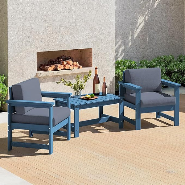 SERWALL 3 Pieces HDPE Outdoor Sofa Bistro Set with Cushions, Outdoor Furniture Sofa Sets with Coffee Table and Cushions - Photo 1