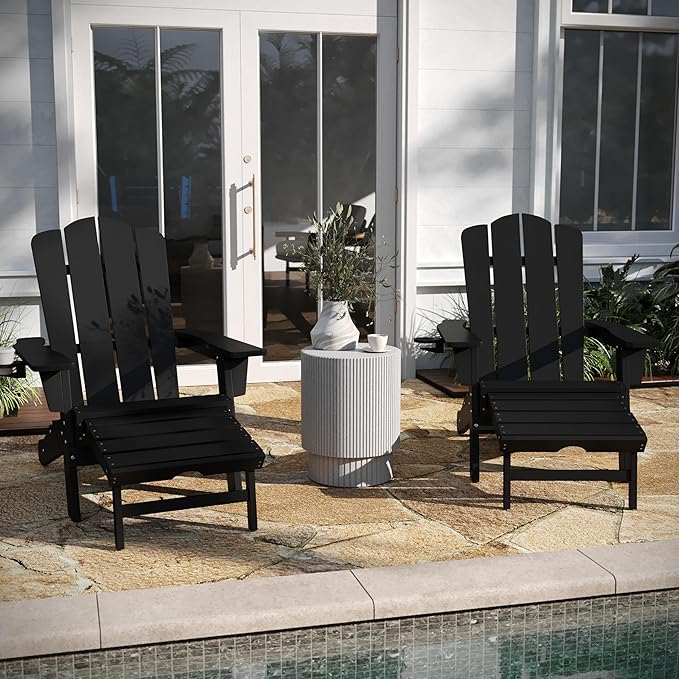 Taylor & Logan Hedley Adirondack Chair with Cup Holder and Pull Out Ottoman, All-Weather HDPE Indoor/Outdoor Lounge Chair in Black, Set of 2