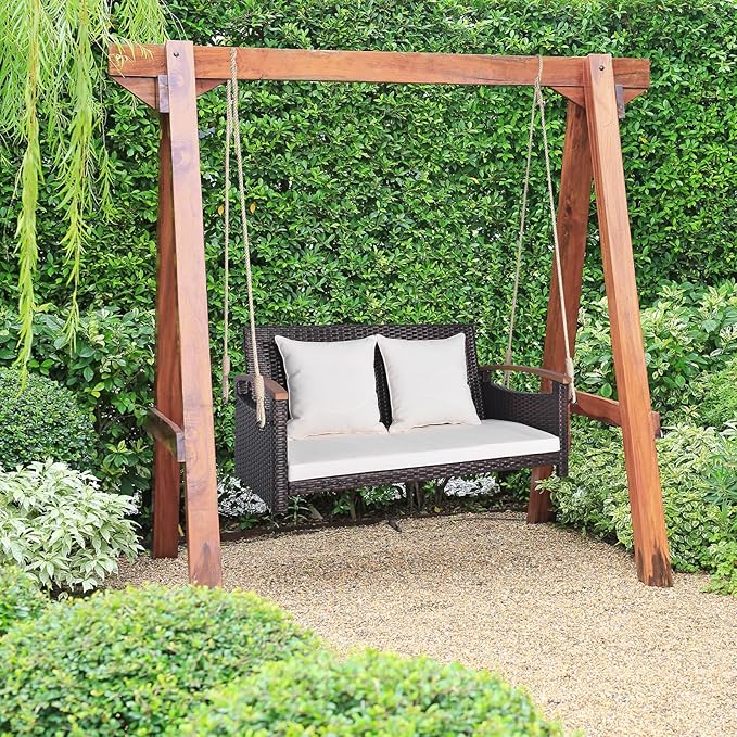 HAPPYGRILL 2-Seater Hanging Swing, Outdoor PE Rattan Hanging Swing with Curved Acacia Wood Armrests, Padded Cushions, Porch Swing Bench, Perfect for Patio Garden Deck, 800 lbs Weigh Capacity
