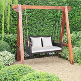 HAPPYGRILL 2-Seater Hanging Swing, Outdoor PE Rattan Hanging Swing with Curved Acacia Wood Armrests, Padded Cushions - Photo 3