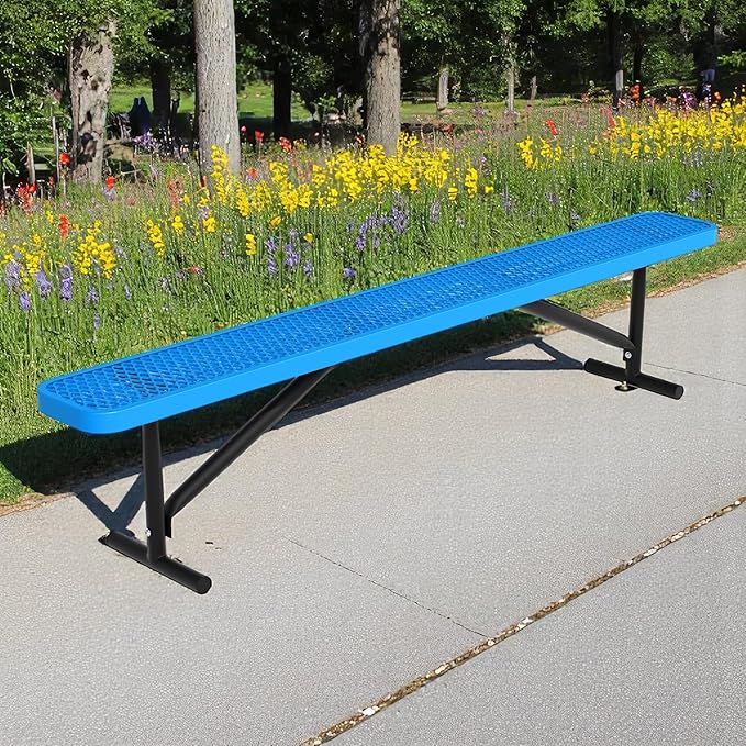 Park Benches for Outside, 8 ft Long Metal Porch Bench Blue Furniture Patio Seating, Industrial Bench Commercial Expanded Metal Mesh Benches for Garden, Lawn, Backyard, Park, Deck, Patio, School