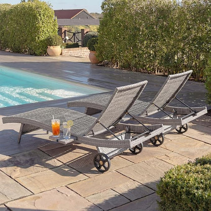 Polibi 80" Patio Wicker Chaise Lounge Chairs Set of 2, Outdoor Rattan Reclining Lounge Chair with Rolling Wheels & Pull-Out Side Table, 4-Level Adjustable Backrest, All-Weather Ergonomic Design,Grey