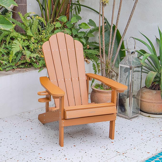 SNAN Adirondack Chair Weather Resistant with Cup Holder, All-Weather Patio Chair for Garden&Outdoor Fire Tables, Fade-Resistant Outdoor Seating, Wood-Like Processing Sturdy Outdoor Chair(Teak)