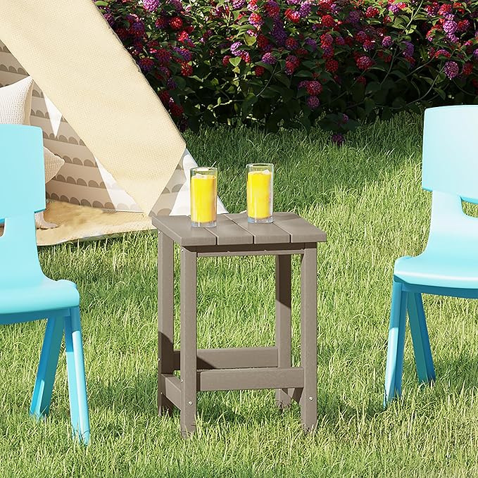 Costaelm Kids Outdoor Side Table, Small Patio HDPE Adirondack Square Table, Porch End Table for Outside Pool Garden, Weathered Wood