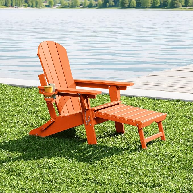 WestinTrends Malibu Folding Adjustable Adirondack Chair with Retractable Ottoman and Cup Holder, Orange