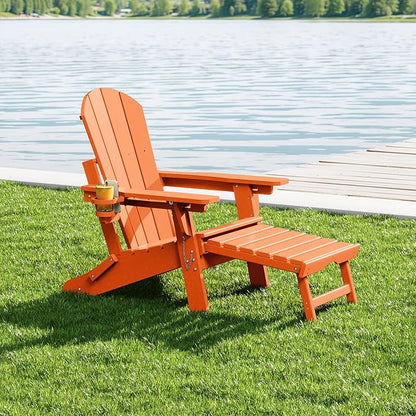 WestinTrends Malibu Folding Adjustable Adirondack Chair with Retractable Ottoman and Cup Holder, Orange