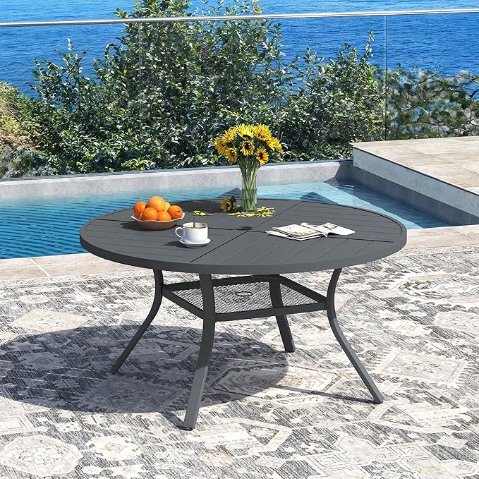 DIFY 47.2" Round Outdoor Patio Dining Table for 6, Metal Patio Table with 1.57" Adjustable Umbrella Hole, All-Weather Outdoor Furniture Table for Garden Backyard Deck, Grey