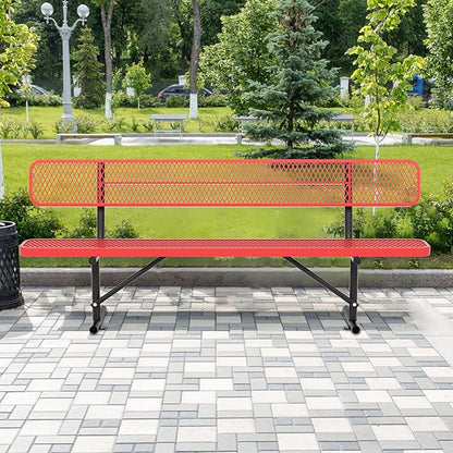 8 Ft Metal Park Bench for Outside, All-Weather Thermoplastic Coating Outdoor Bench with Backrest, Commercial Heavy Duty Benches for Shopping Malls, Stores, Parks, Patios, Decks,Red