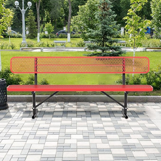 8 Ft Metal Park Bench for Outside, All-Weather Thermoplastic Coating Outdoor Bench with Backrest, Commercial Heavy Duty Benches for Shopping Malls, Stores, Parks, Patios, Decks,Red