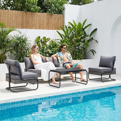 4 Piece Patio Furniture Set, Modern Patio Conversation Set for 5, All Weather Bistro Furniture Set, Metal Patio Sofas Outdoor Sectional with Coffee Table and Cushions for Lawn/Garden, Gray