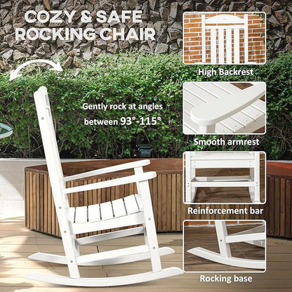 Outsunny 2 Pieces Outdoor Rocking Chair, All Weather-Resistant HDPE Rocking Patio Chairs with Rustic High Back, Armrests, Oversized Seat and Slatted Backrest, 350lbs Weight Capacity, White