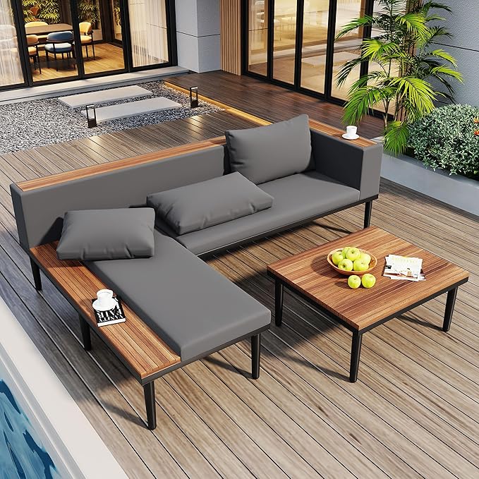Modern Acacia Wood Patio Furniture Set with Removable Cushions, Coffee Table and Side Table - Photo 1