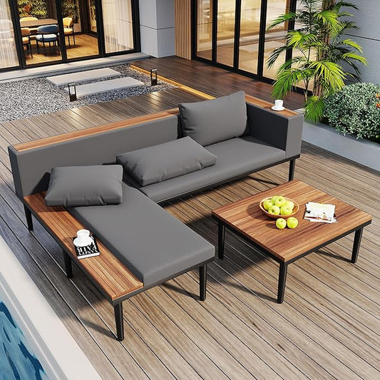 Modern Acacia Wood Patio Furniture Set with Removable Cushions, Coffee Table and Side Table, Outdoor L-Shaped Conversation Sectional Sofa for Backyard, Porch (Gray/L2)