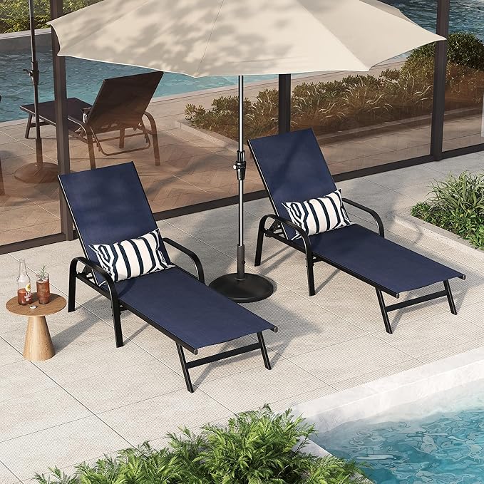 Outdoor Lounge Chair, Adjustable Patio Reclining Chaise with Textilene Fabric, Pool Lounge Chair with 5-Position Backrest for Patio, Garden, Poolside & Balcony,Navy Blue Set of 6