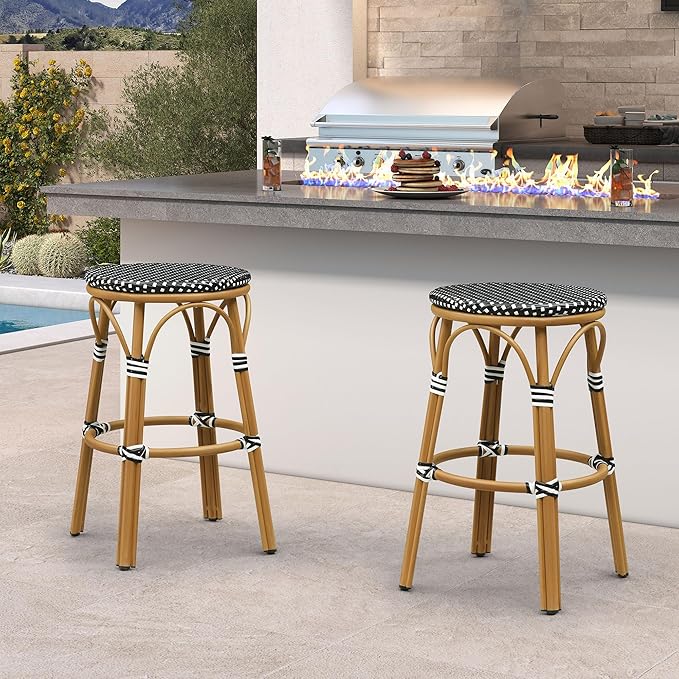 PURPLE LEAF Outdoor French Round 30" Bar Stool Set of 2 Oversized Rattan Armless Barstools Bamboo Finish Aluminum Frame Footrest with Handwoven Wicker for Indoor Patio Yard Bistro Black