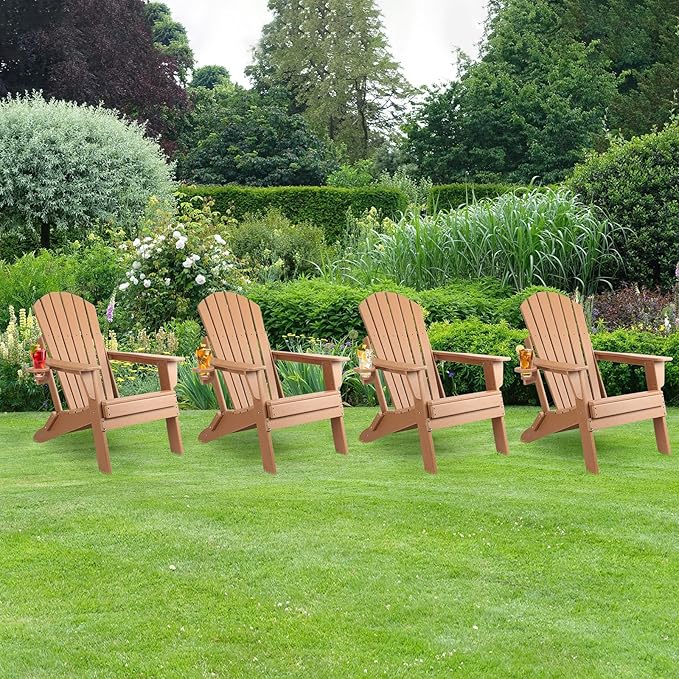 FUNBERRY Folding Adirondack Chair Set of 4, HDPE All Weather Fire Pit Chairs with Cup Holder for Outdoor