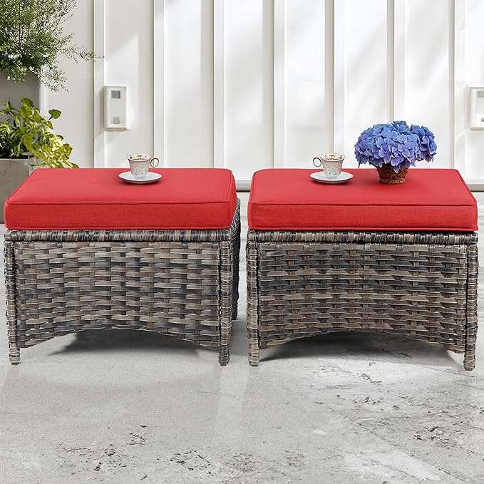 3 Piece Patio Furniture Set, 2-Seater Loveseat and 2 Ottomans PE Wicker Footstool, Outdoors Rattan Conversation Set with Deep Seating and Olefin Cushions, for Backyard, Garden, Red