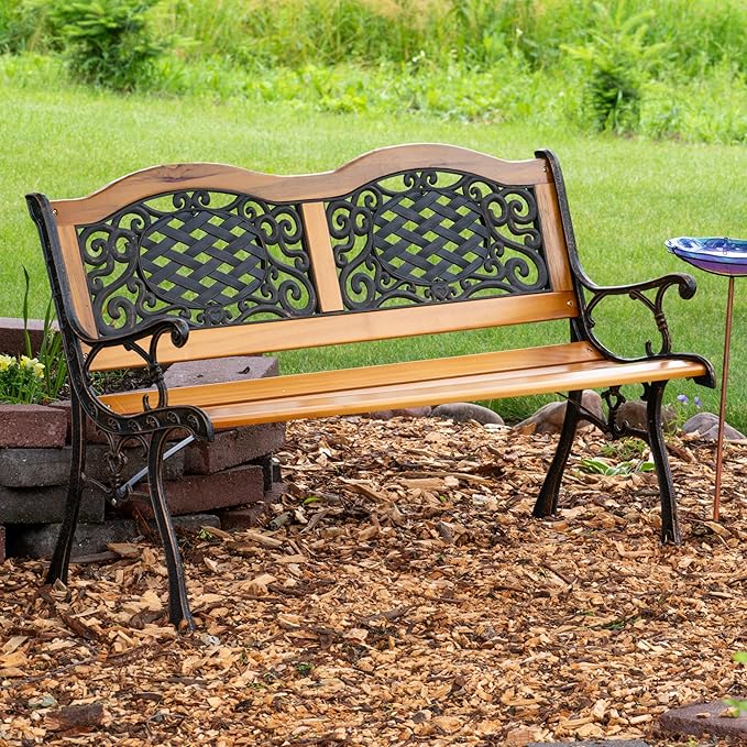 Sunnydaze 49-Inch Cast Iron and Wood 2-Person Garden Bench with Ivy Crossweave Design - 485-Pound Weight Capacity