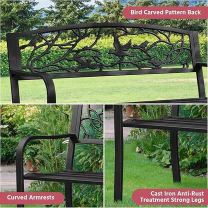 Topeakmart Garden Bench Outdoor Patio Bench for Outdoors Metal Porch Cast Iron Steel Outdoor Bench with Backrest and Armrests, Black