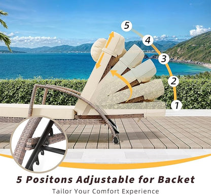 Outdoor Chaise Lounge Chairs Set of 2, Patio Rattan Reclining Chair With 5-Position Adjustable Backrest, All-Weather Pool Sunbathing Recliners With Rolling Wheels for Outside, Brown and Beige