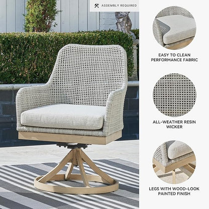 Signature Design by Ashley Seton Creek Cottage Nuvella Weather Resistant Fabric Outdoor Swivel Dining Chair with Cushion, Set of 2, Light Brown & Light Gray