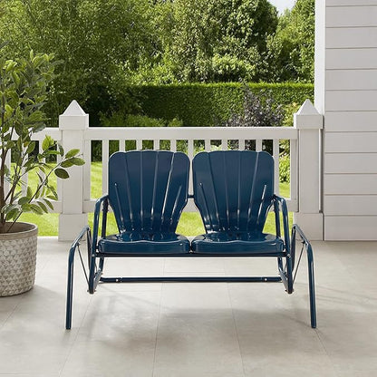 Crosley Furniture Ridgeland Retro Metal Outdoor Loveseat Glider, 2-Person Rocking Patio Bench for Porch, Navy Gloss