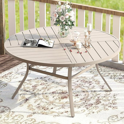VICLLAX Round Patio Table with Adjustable Umbrella Hole for 8, All Weather Metal Outdoor Dining Table for Lawn Garden, 59.8" Outdoor Coffee Table, Cream Color Frame