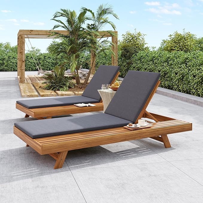 2-Piece Patio Lounge Chair Set with Side Space, Outdoor Chaise Lounge Adjustable & Breathable Acacia Wood Frame - Photo 5
