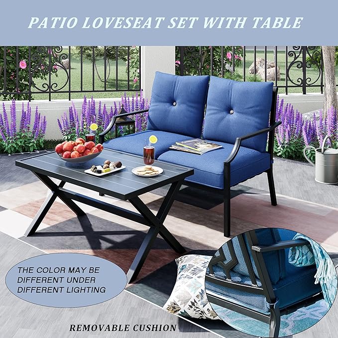 LOKATSE HOME Outdoor Loveseat and Coffee Table Metal Conversation Set Patio Furniture with Cushions for Poolside Backyard Lawn