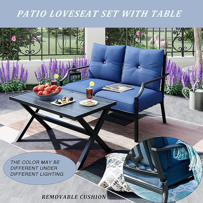 LOKATSE HOME Outdoor Loveseat and Coffee Table Metal Conversation Set Patio Furniture with Cushions for Poolside Backyard Lawn
