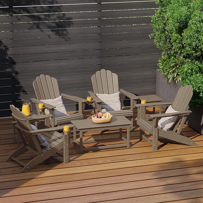 Costaelm Lakeview 7-Piece HDPE Outdoor Patio Furniture Adirondack Conversation Set, Weathered Wood