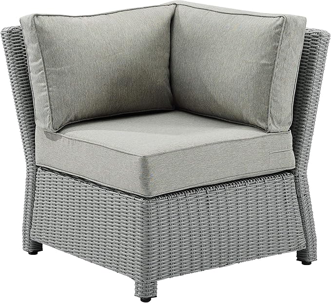 Crosley Furniture Bradenton Corner Outdoor Sectional Chair, Wicker Patio Chairs for Porch, Deck, Backyard, Gray with Gray Cushions