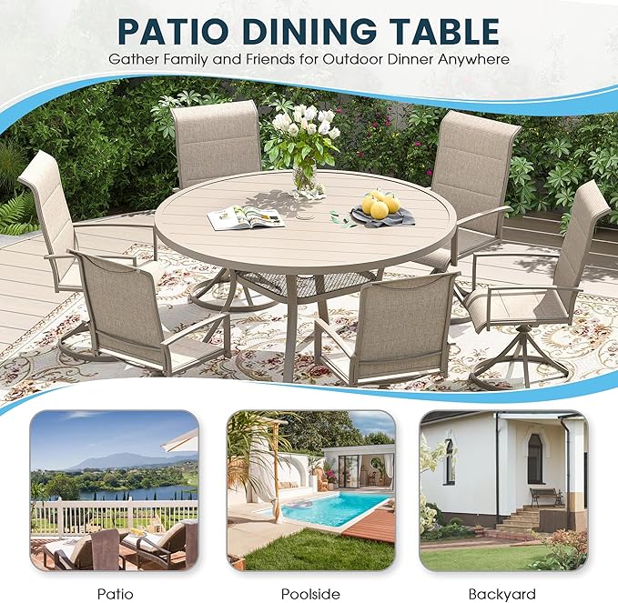 Patio Dining Table for 4-6, Round Metal Outdoor Table with 1.57" Umbrella Hole, 47" Outdoor Slat Tabletop Dining Table for Backyard, Porch, Lawn, Sand