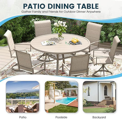 Patio Dining Table for 4-6, Round Metal Outdoor Table with 1.57" Umbrella Hole, 47" Outdoor Slat Tabletop Dining Table for Backyard, Porch, Lawn, Sand