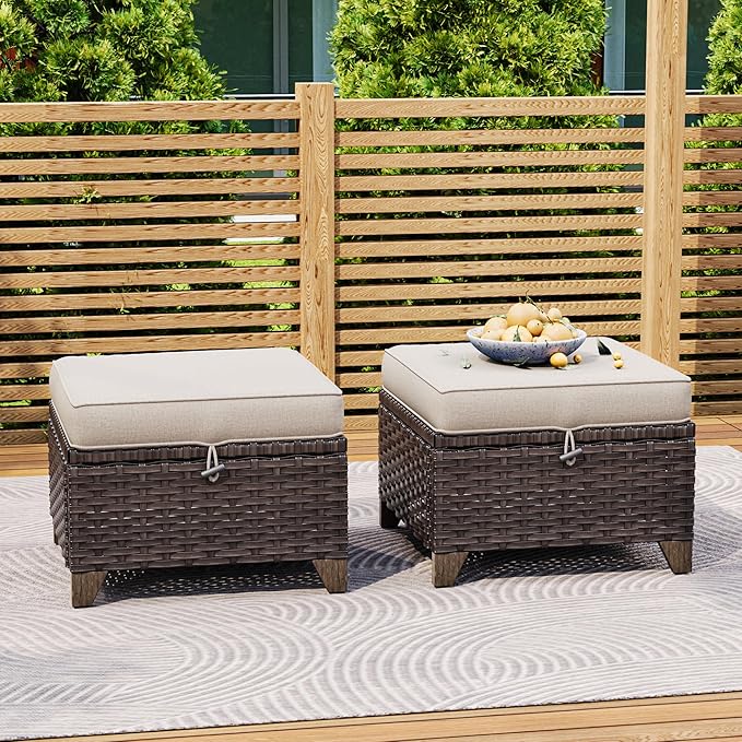 2 Pieces Patio All-Weather Wicker Ottomans with Cushions, PE Rattan Outdoor Conversation Furniture Set for Backyard - Photo 6