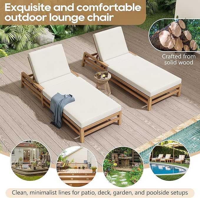5-Position Adjustable Outdoor Chaise Lounge Set of 2, Solid Wood Patio Recliner Chair with Thick Cushions for Pool - Photo 7