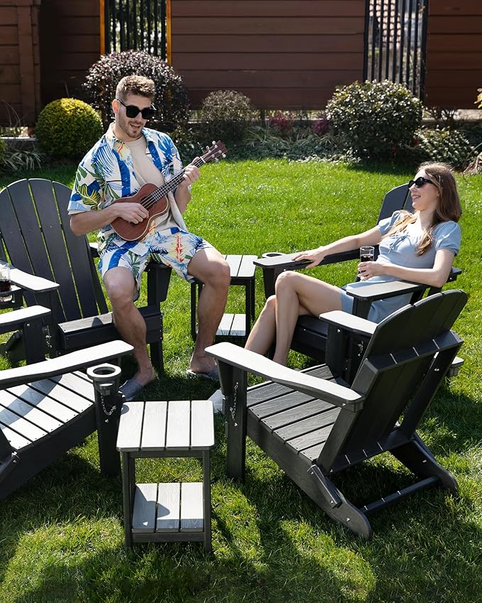 Folding Adirondack Chair, Patio Chair Wood Texture, Outdoor Chair Weather Resistant, Fire Pit Chair with Cup Holder, Composite Adirondack Chair Set of 2(Lake Blue)