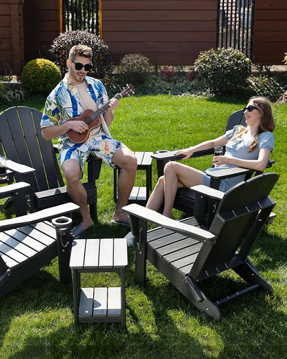 Folding Adirondack Chair, Patio Chair Wood Texture, Outdoor Chair Weather Resistant, Fire Pit Chair with Cup Holder, Composite Adirondack Chair Set of 2(Lake Blue)