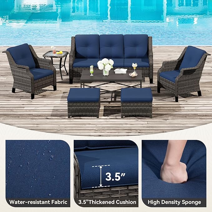 Wicker Patio Furniture Sets, 7 Pieces Outdoor Furniture with Patio Chairs, Outdoor 3-Seater Sofa, Ottoman, Coffee Table - Photo 3