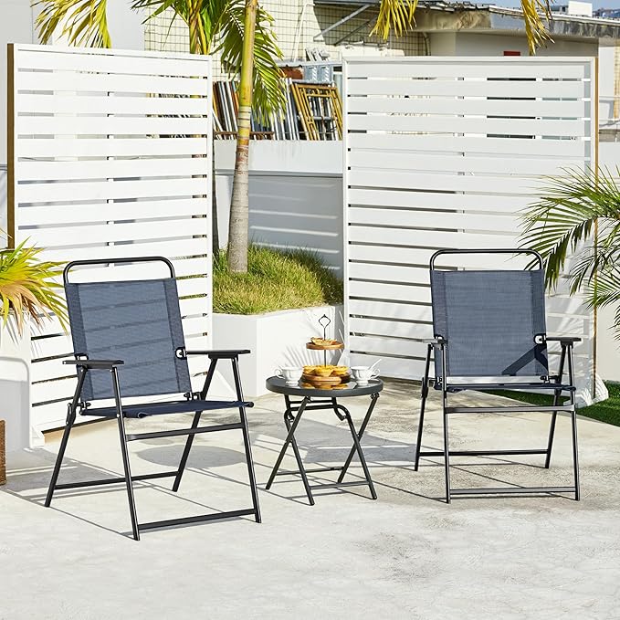 Yaheetech Outdoor Patio Chairs Set of 4, Folding Patio Chairs for Outside with Metal Frame, Armrests, Portable Dining Chairs for Camping, Lawn, Garden and Porch, Navy Blue