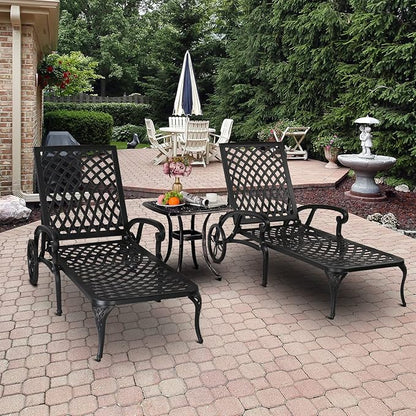 Outvita Lounge Chairs for Outside, Patio Cast Aluminum Recliner with Adjustable Back and Rolling Wheels for Backyard Porch Pool Balcony Deck (Black)
