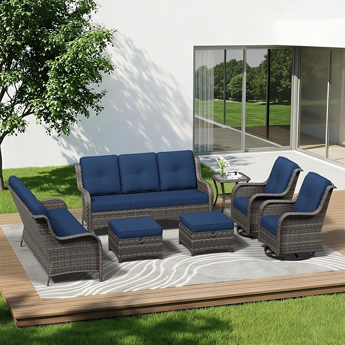 7 Piece Outdoor Wicker Patio Furniture Set, Outdoor Swivel Rocker Patio Chairs Set with Thickened Olefin Cushions - Photo 1