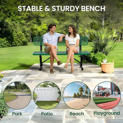 6 Feet Steel Park Bench for Outside, Outdoor Bench with Backrest & Portable Frame, Commercial Benches for Shopping Malls, Stores, Parks, Patios, Decks, Green