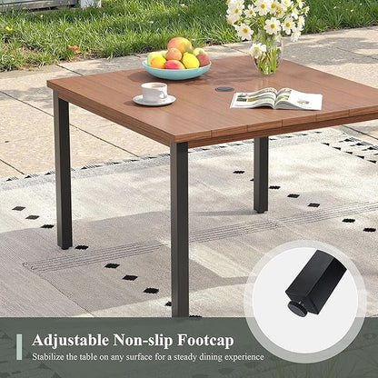 Outdoor Dining Table with Adjustable Umbrella Hole, 40.2" All-Weather Square Patio Dining Table for 4, Metal Patio Table for Garden Lawn Porch Deck Yard, Walnut